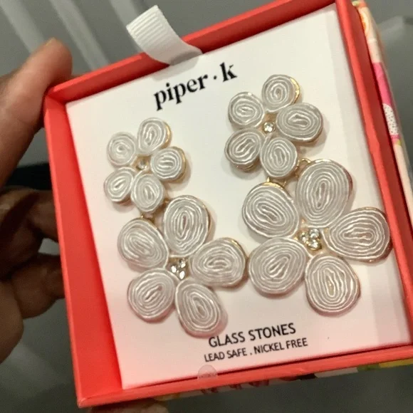 Piper Flower Earrings, Glass Stones, Ivory, Gold Trim, Pierced Nickel Free - Picture 2 of 9